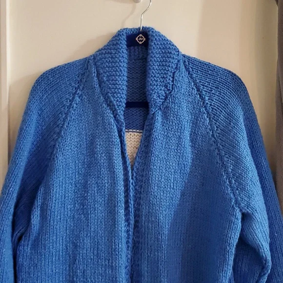 Hand Knit Bulky Cardigan Sweater Eagle Sweater Royal Blue XL - Picture 4 of 12
